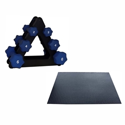 Ader Neoprene Dumbbell Set 2, 4, 6Lb with Black Dumbbell Rack + Ader 1/4" 4'x6' Solid Rubber Gym Mat